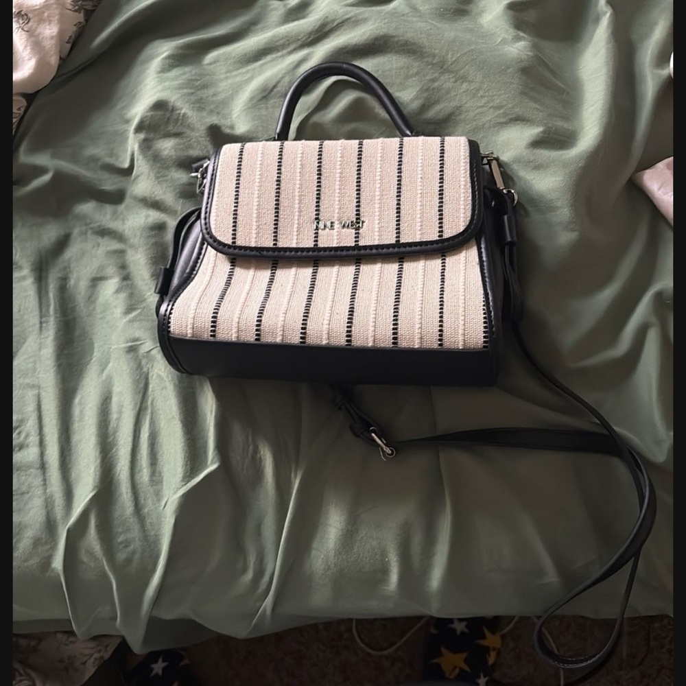 Nine West- JustFab Elegant Black and Cream Striped Crossbody Bag